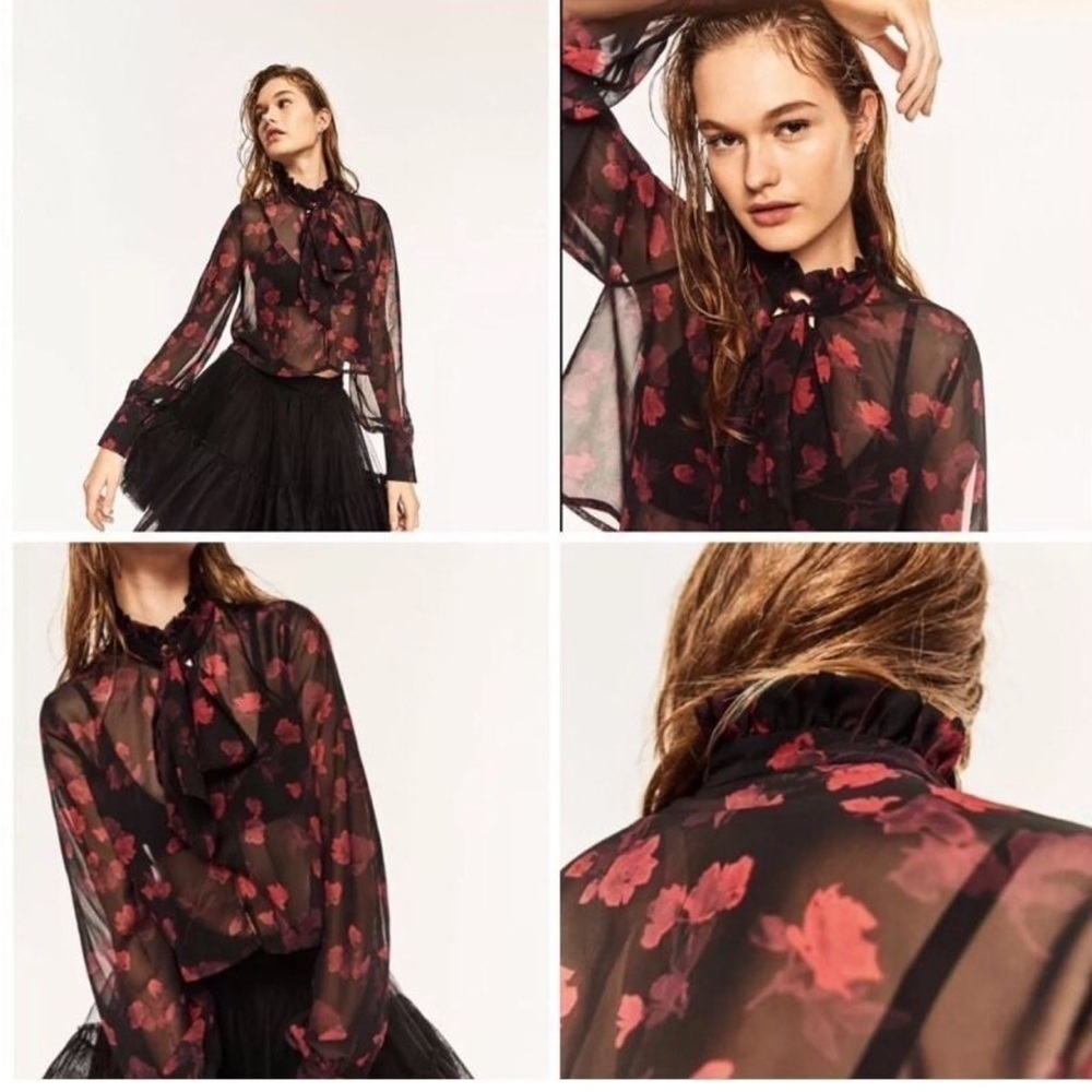 Zara black with floral print sheer mock blouse . Size S. Very good condition
